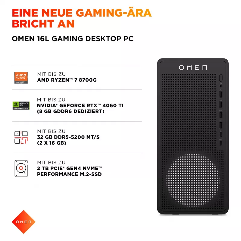 HP OMEN 16L TG03-0473ng spēļu galddators (Ryzen 7 8700F, 16GB DDR5, 1TB SSD, RTX 5060 Ti, bez OS, Shadow melns)