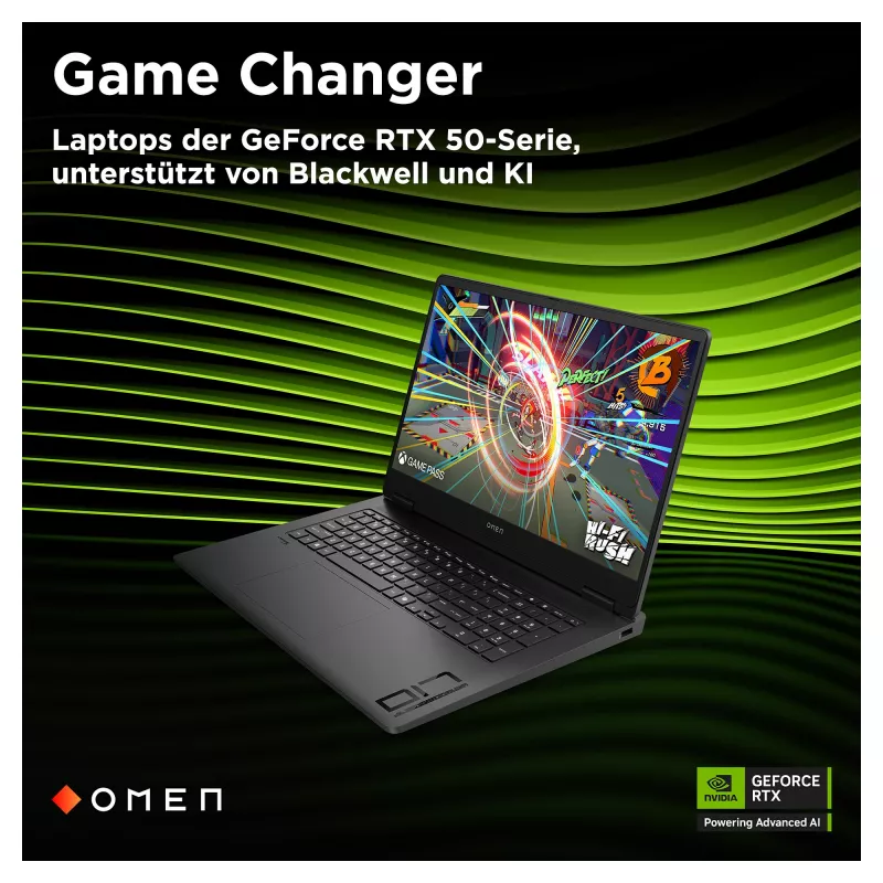 HP OMEN 17-db1490ng spēļu klēpjdators, 17,3 collu QHD 240Hz, AMD Ryzen AI 9 365, 24GB DDR5, 512GB SSD, NVIDIA GeForce RTX 5060, Windows 11 Home, vācu QWERTZ tastatūra