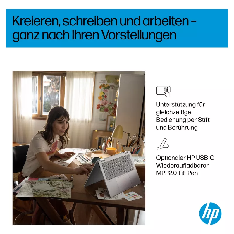 HP OmniBook 5 Flip 14-fp0470ngx 2-in-1 klēpjdators, 14 collu FHD skārienekrāns, Intel Core 7 150U, 16GB RAM, 512GB SSD, Windows 11 Home, dabīgs sudrabs, vācu tastatūra