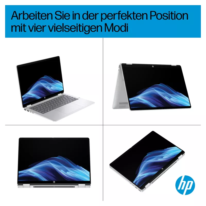 HP OmniBook 5 Flip 14-fp0470ngx 2-in-1 klēpjdators, 14 collu FHD skārienekrāns, Intel Core 7 150U, 16GB RAM, 512GB SSD, Windows 11 Home, dabīgs sudrabs, vācu tastatūra