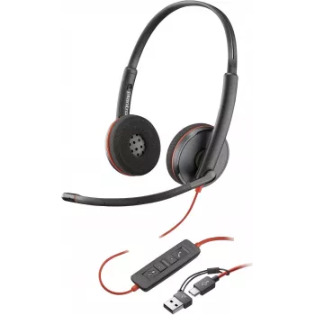 HP Poly Blackwire 3220 stereo USB-C vadu austiņas + USB-C/A adapteris, melnas