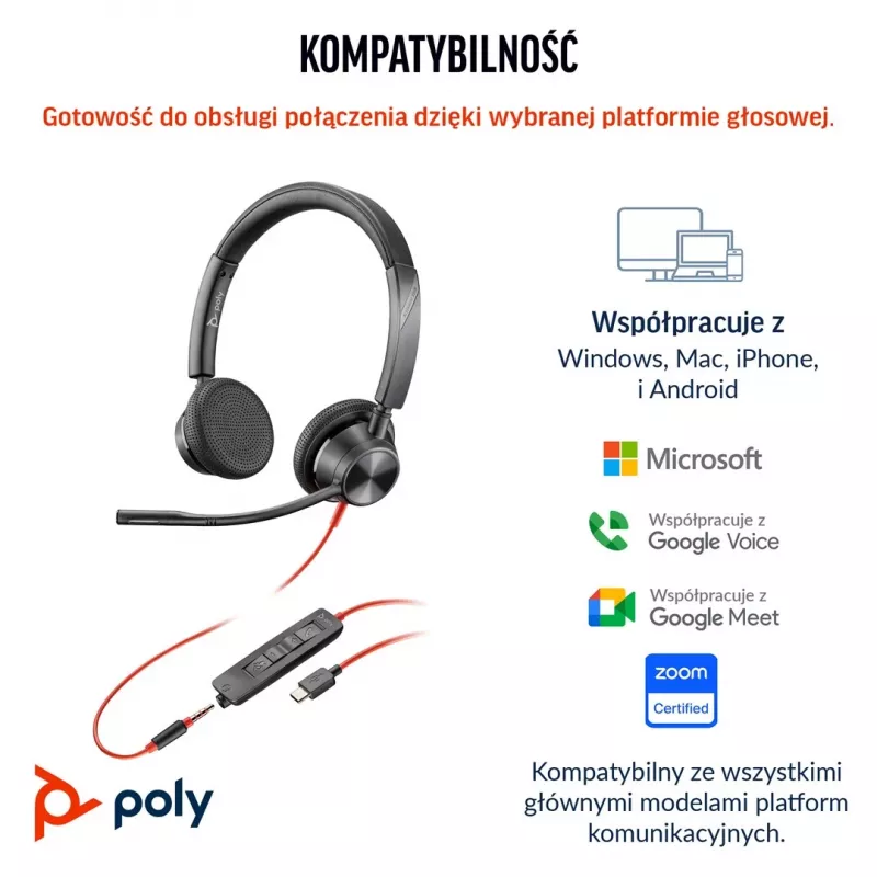 HP Poly Blackwire 3325 Stereo Microsoft Teams Certified USB-C austiņas +3.5mm spraudnis +USB-C/A adapteris