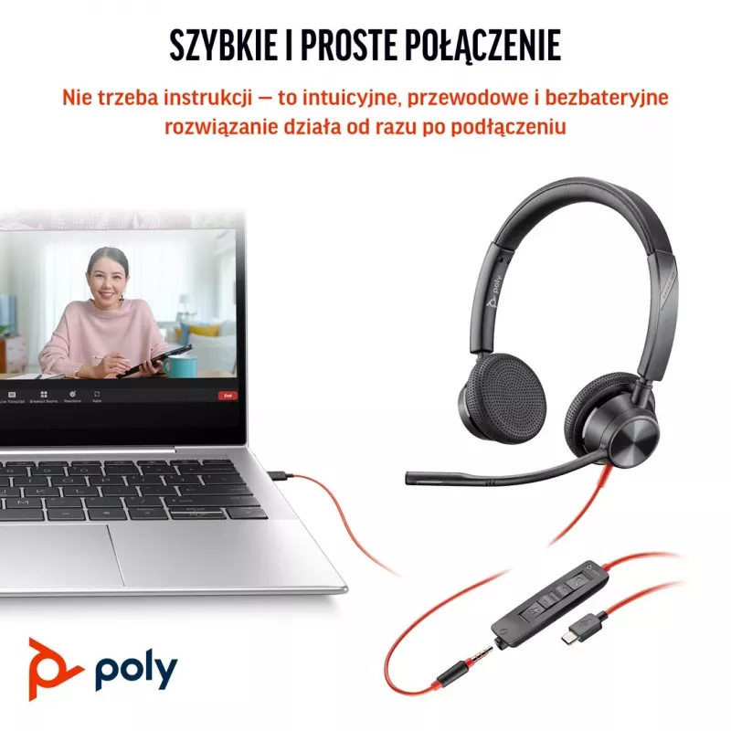 HP Poly Blackwire 3325 Stereo Microsoft Teams Certified USB-C austiņas +3.5mm spraudnis +USB-C/A adapteris