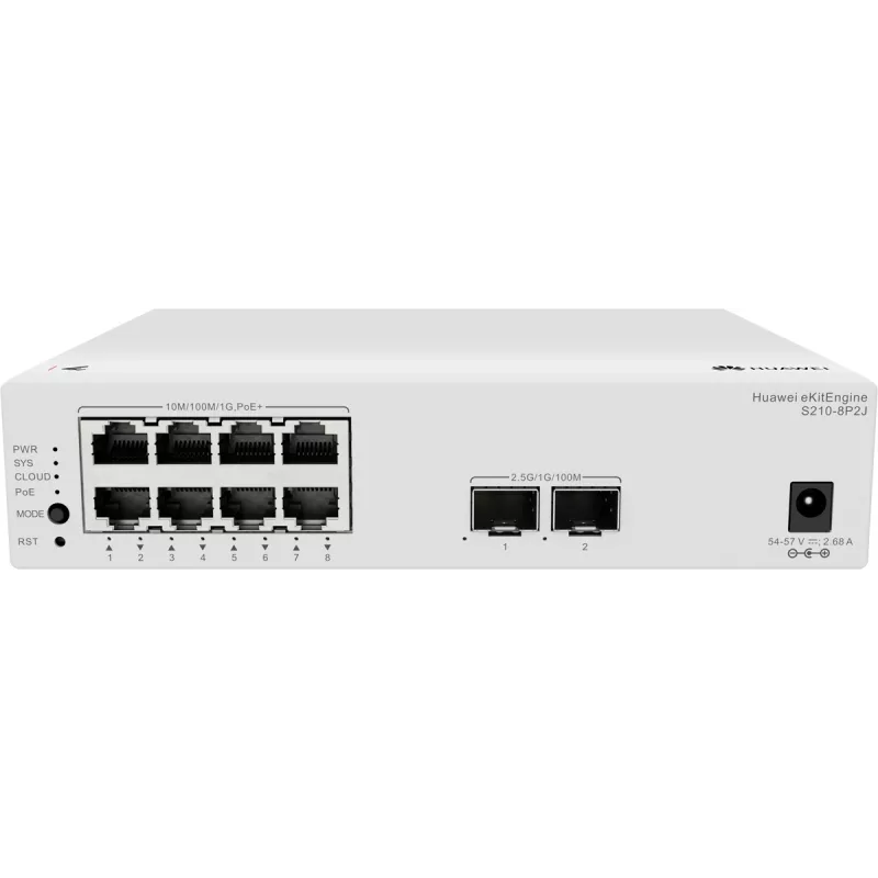Huawei S210-8P2J pārvaldāms L2 komutators ar 8 Gigabit PoE+ portiem un 2 SFP augšupielādes portiem, 128W PoE budžets 98012922-001