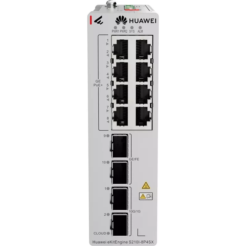 HUAWEI S210I-8P4SX industriālais Ethernet komutators, 8x GE PoE+ vara, 2x GE SFP, 2x 10GE SFP+, DIN sliedes, divkāršs DC 98012933