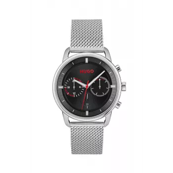 HUGO MAN 1530236 44mm Kvarca analogais pulkstenis, melna silikona siksniņa
