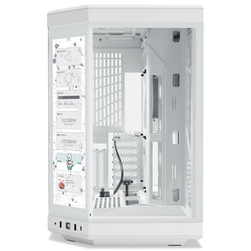 HYTE Y70 Touch vidējā torņa korpuss, balts, 14,1 inch LCD skārienekrāns, rūdīts stikls, E-ATX/ATX/mATX/Mini-ITX