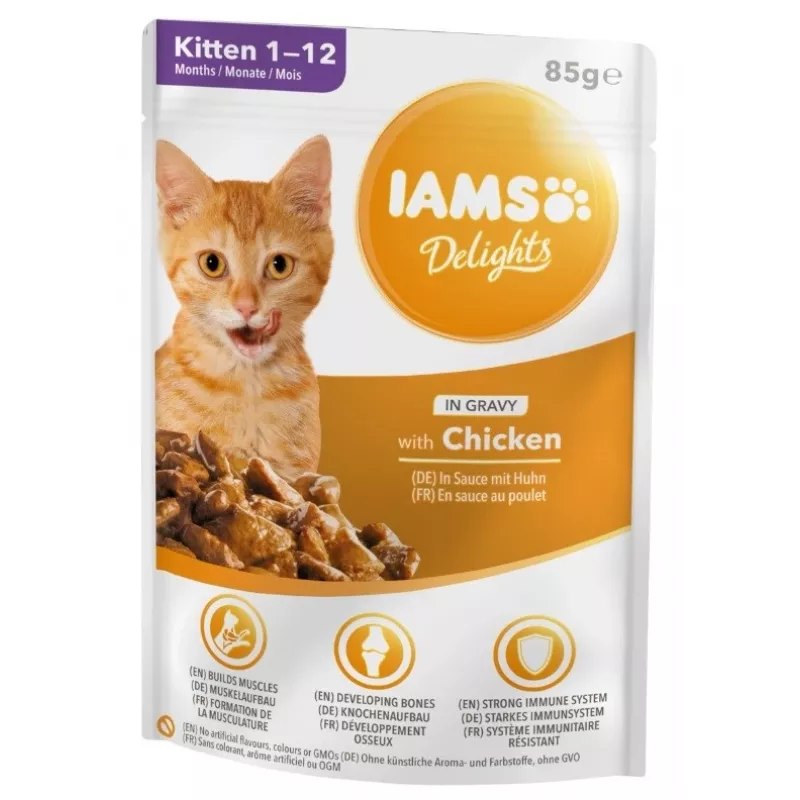 IAMS Delights Kaķēnu Vistas gaļa mērcē Mitrā kaķu barība, 12 x 85g paciņas