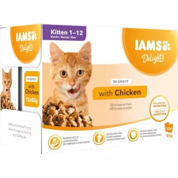IAMS Delights Kaķēnu Vistas gaļa mērcē Mitrā kaķu barība, 12 x 85g paciņas