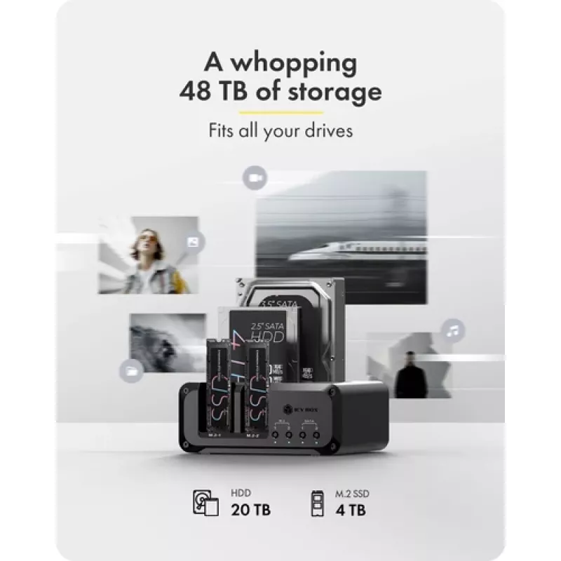 Icy Box Club Case 2925 4 vietu dokstacija – 2x M.2 NVMe un 2x 2,5/3,5 SATA HDD/SSD, USB 3.2 Gen 2 (10 Gbps)