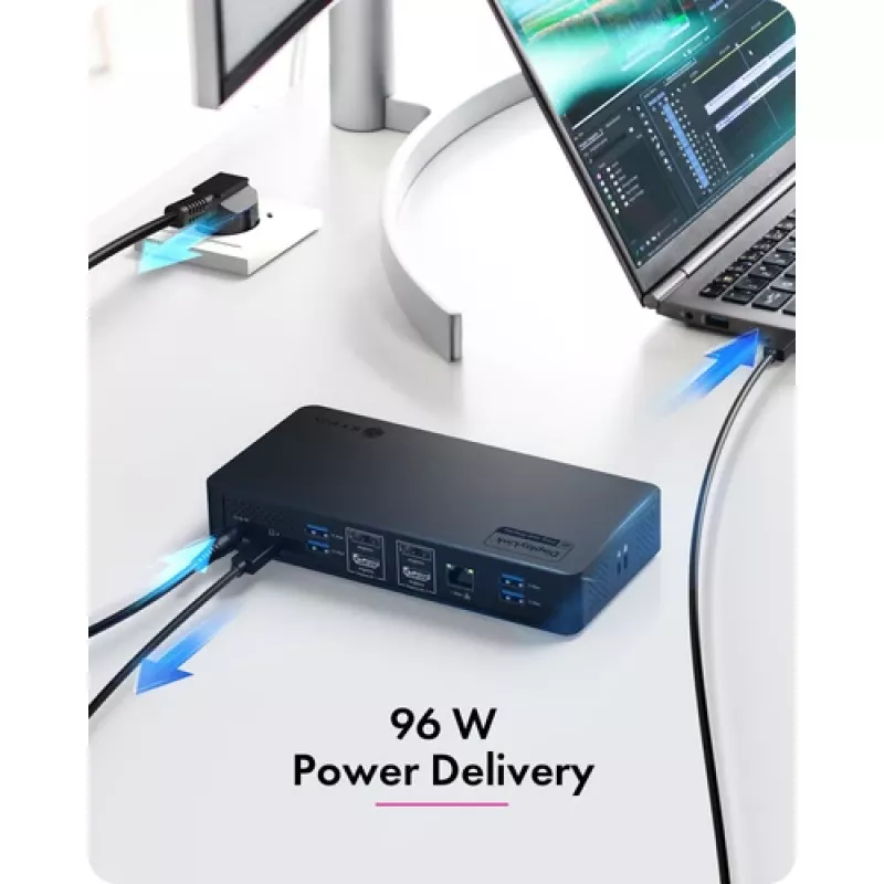 ICY BOX Heart Dock 2255 11-in-1 dokstacija, DisplayLink DL-6950, 2x HDMI/DP 4K@60Hz, 96W Power Delivery, Gigabit LAN, USB-C/A 10Gbps
