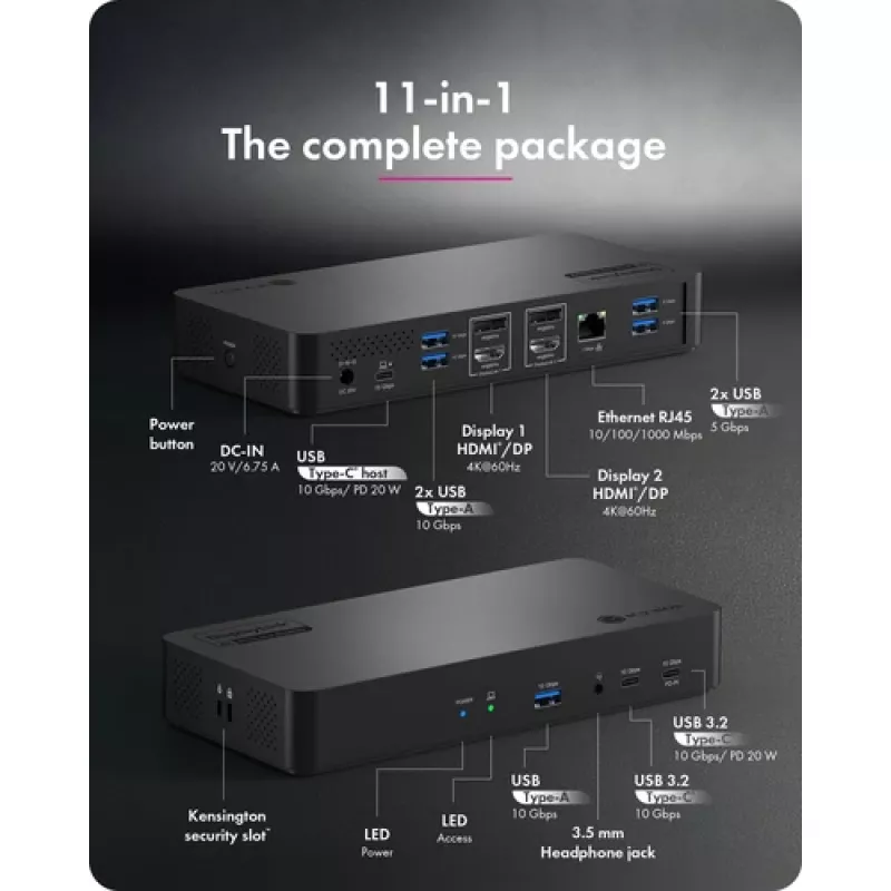 ICY BOX Heart Dock 2255 11-in-1 dokstacija, DisplayLink DL-6950, 2x HDMI/DP 4K@60Hz, 96W Power Delivery, Gigabit LAN, USB-C/A 10Gbps