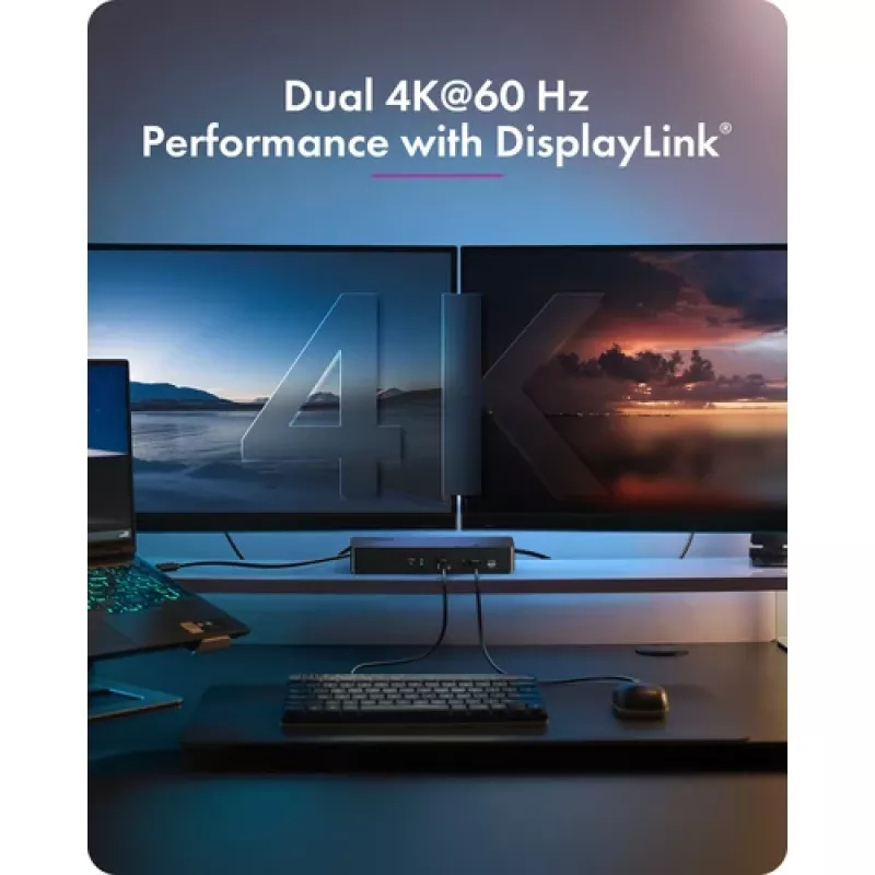 ICY BOX Heart Dock 2255 11-in-1 dokstacija, DisplayLink DL-6950, 2x HDMI/DP 4K@60Hz, 96W Power Delivery, Gigabit LAN, USB-C/A 10Gbps