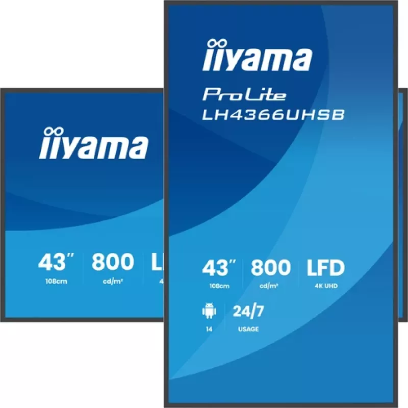 IIYAMA LH4366UHSB-B1AG 43 collu 4K UHD digitālās signālierīces displejs, VA panelis, 500 cd/m², 24/7 darbība, Android 9.0, Wi-Fi, 2x 10W skaļruņi