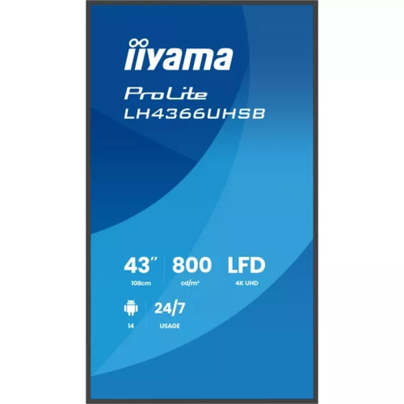 IIYAMA LH4366UHSB-B1AG 43 collu 4K UHD digitālās signālierīces displejs, VA panelis, 500 cd/m², 24/7 darbība, Android 9.0, Wi-Fi, 2x 10W skaļruņi