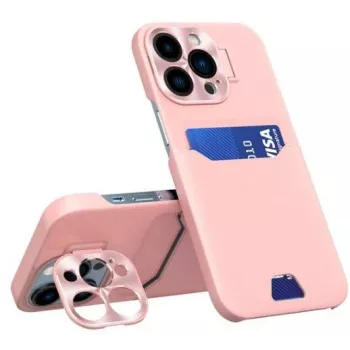 iLike Apple iPhone 14 Pro Max Card Wallet vāciņš ar statīvu, ādas statīva maciņš, rozā