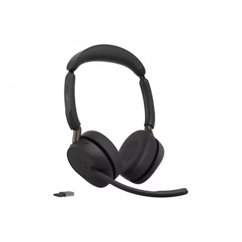 Jabra Evolve3 65 Stereo bezvadu Bluetooth austiņas ar Link 390a USB-A adapteri un uzlādes statīvu – Microsoft Teams sertificētas, uz auss, trokšņu slāpējošs mikrofons, 37h akumulators