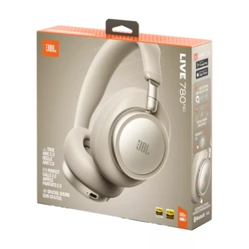 JBL Live 780NC bezvadu ausjamas ar adaptīvo trokšņu slāpēšanu, Bluetooth 5.3, 50H akumulators, šampanieša krāsā