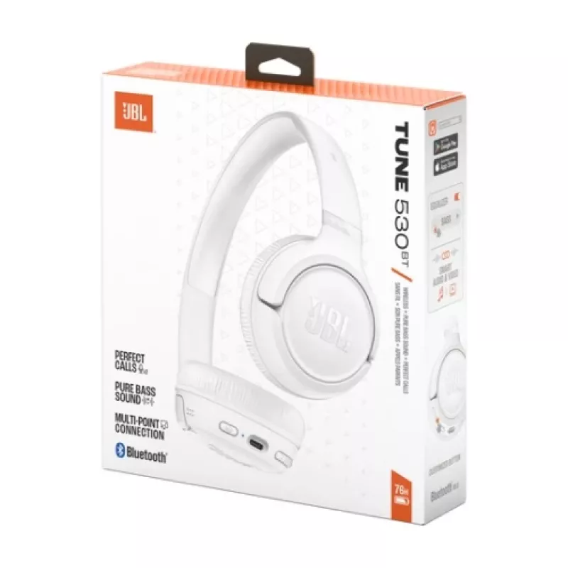 JBL Tune 530BT bezvadu auslīgas ar Pure Bass, Bluetooth 5.3, 57 stundu akumulatoru, salokāms dizains – baltas