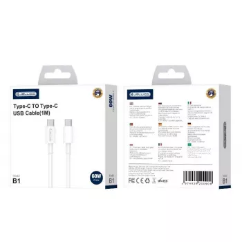Jellico B1 Durable-Soft universāls USB-C uz USB-C datu un ātrās PD 20W uzlādes kabelis 1m balts