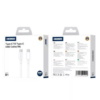 Jellico B1 Durable-Soft universāls USB-C uz USB-C datu un ātrās PD 20W uzlādes kabelis 1m balts