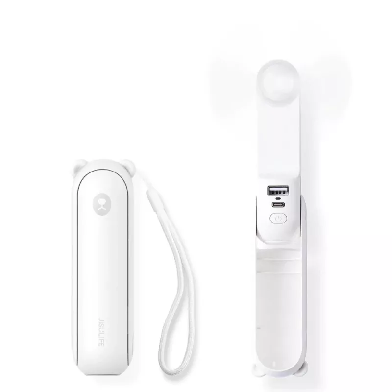 JISULIFE rokas ventilators 8 Plus balts - 5000mAh, USB-C, 46h akumulatora darbības laiks, LED displejs, power bank
