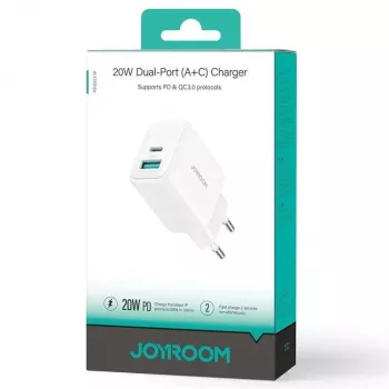 Joyroom 20W Dual-Port (USB-A + USB-C) Lādētājs EU Kontaktdakša Balts