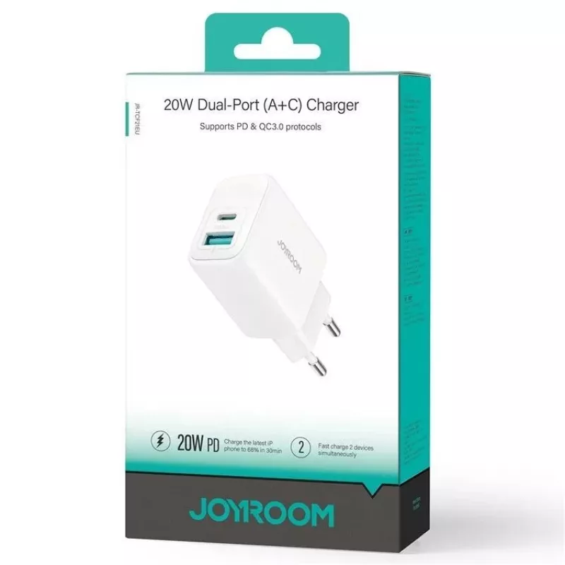 Joyroom 20W Dual-Port (USB-A + USB-C) Lādētājs EU Kontaktdakša Balts