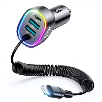 Joyroom 4-in-1 Fast Car Charger PD QC3.0 AFC FCP ar 1.6m 57W Lightning kabeli melns