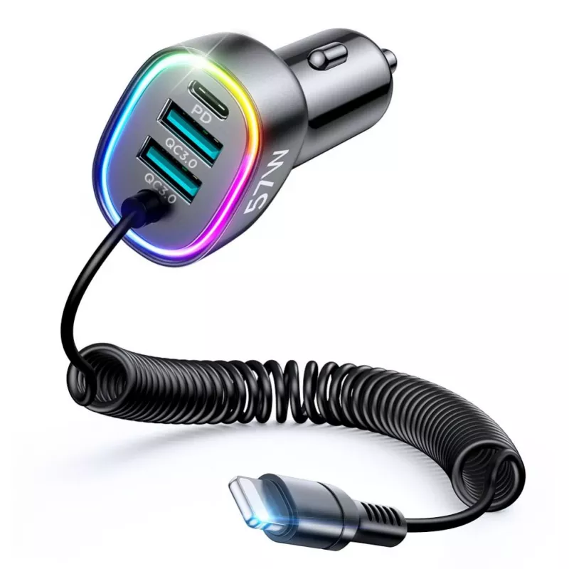 Joyroom 4-in-1 Fast Car Charger PD QC3.0 AFC FCP ar 1.6m 57W Lightning kabeli melns