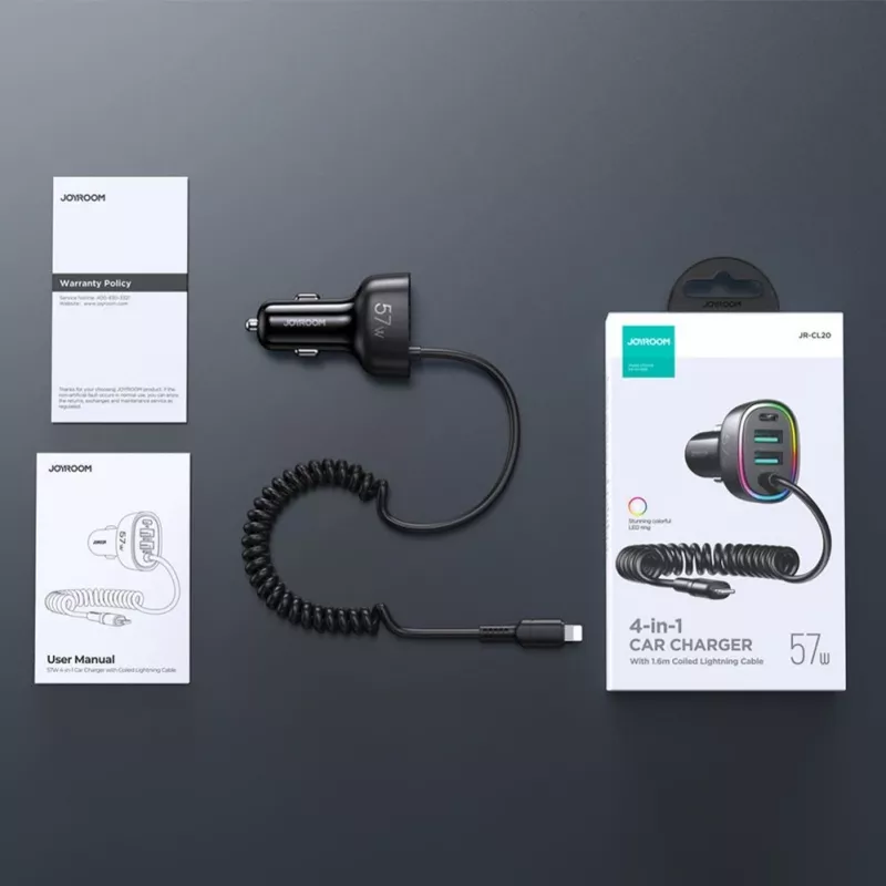Joyroom 4-in-1 Fast Car Charger PD QC3.0 AFC FCP ar 1.6m 57W Lightning kabeli melns