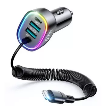 Joyroom 4-in-1 Fast Car Charger PD QC3.0 AFC FCP ar 1.6m 57W Lightning kabeli melns
