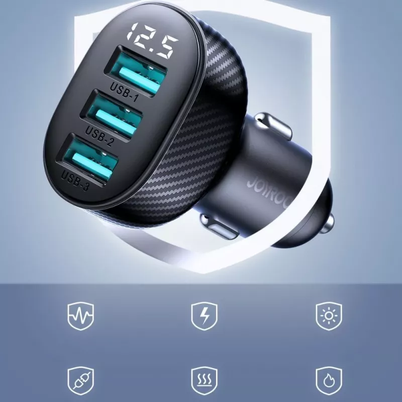 Joyroom JR-CCD03 Automašīnas lādētājs ar digitālo displeju, 3x USB-A, 17W, 3.4A, melns