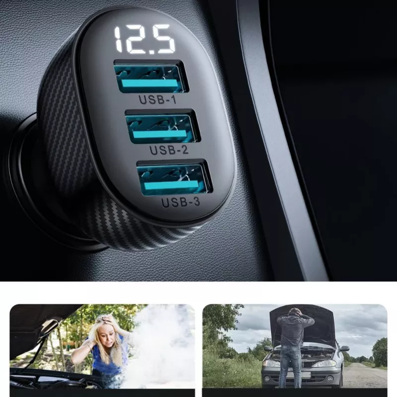 Joyroom JR-CCD03 Automašīnas lādētājs ar digitālo displeju, 3x USB-A, 17W, 3.4A, melns