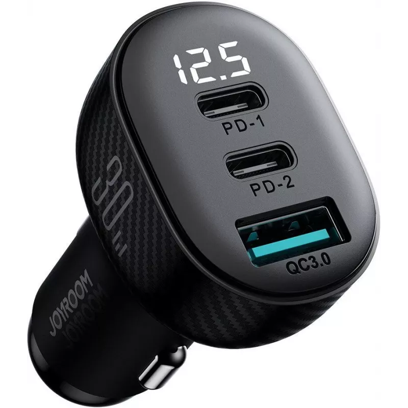 Joyroom JR-CCD04 Auto lādētājs 30W 2x USB-C USB-A ar digitālo displeju - Melns