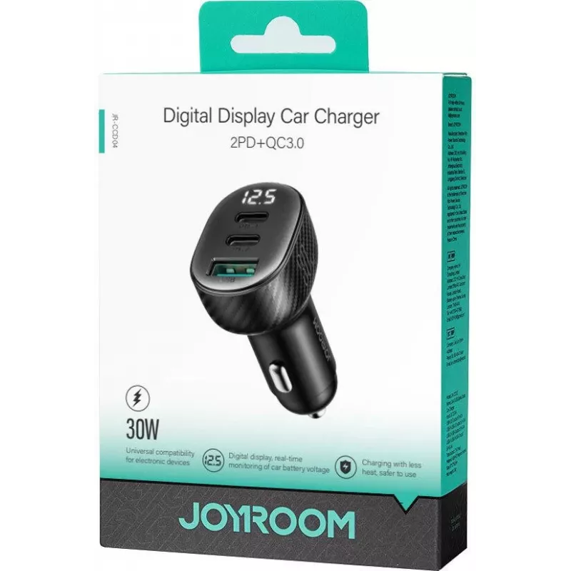 Joyroom JR-CCD04 Auto lādētājs 30W 2x USB-C USB-A ar digitālo displeju - Melns