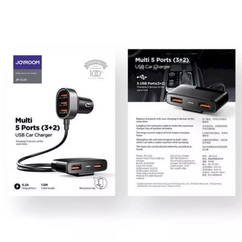 Joyroom JR-CL03 5-in-1 autolādētājs, 31W, 5 USB-A porti, melns