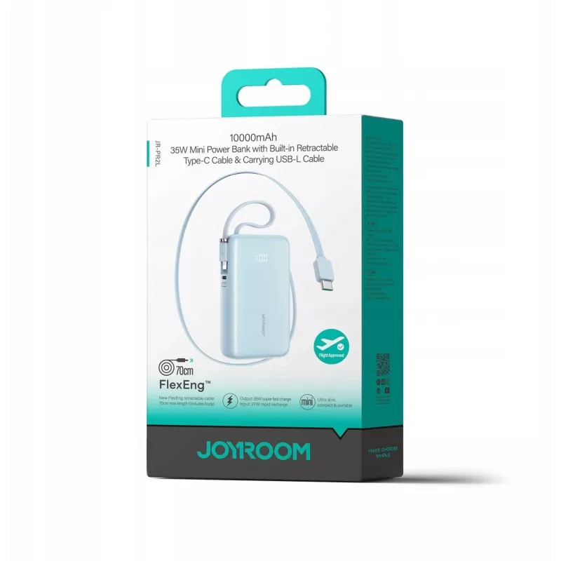 Joyroom JR-PR2L 10000mAh 35W Power Bank ar digitālo displeju, iebūvētiem izvelkamiem USB-C un Lightning kabeļiem (0,7m), zils