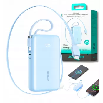 Joyroom JR-PR2L 10000mAh 35W Power Bank ar digitālo displeju, iebūvētiem izvelkamiem USB-C un Lightning kabeļiem (0,7m), zils