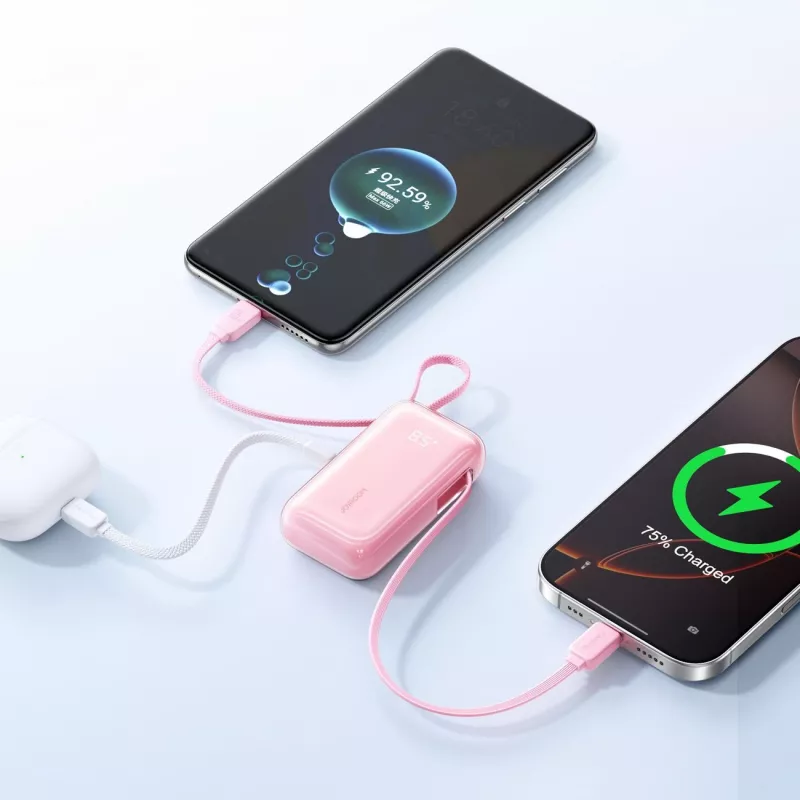 Joyroom JR-PR2L Power Bank 10000 mAh 35W ar digitālo displeju, iebūvētiem 2x Type-C izvelkamiem vada cilpas kabeļiem (0,7m) Rozā