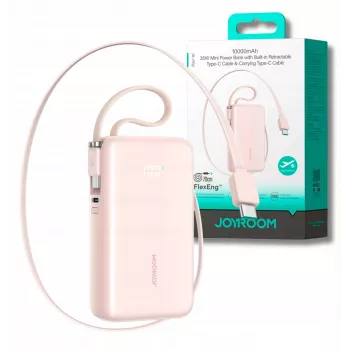 Joyroom JR-PR2L Power Bank 10000 mAh 35W ar digitālo displeju, iebūvētiem 2x Type-C izvelkamiem vada cilpas kabeļiem (0,7m) Rozā