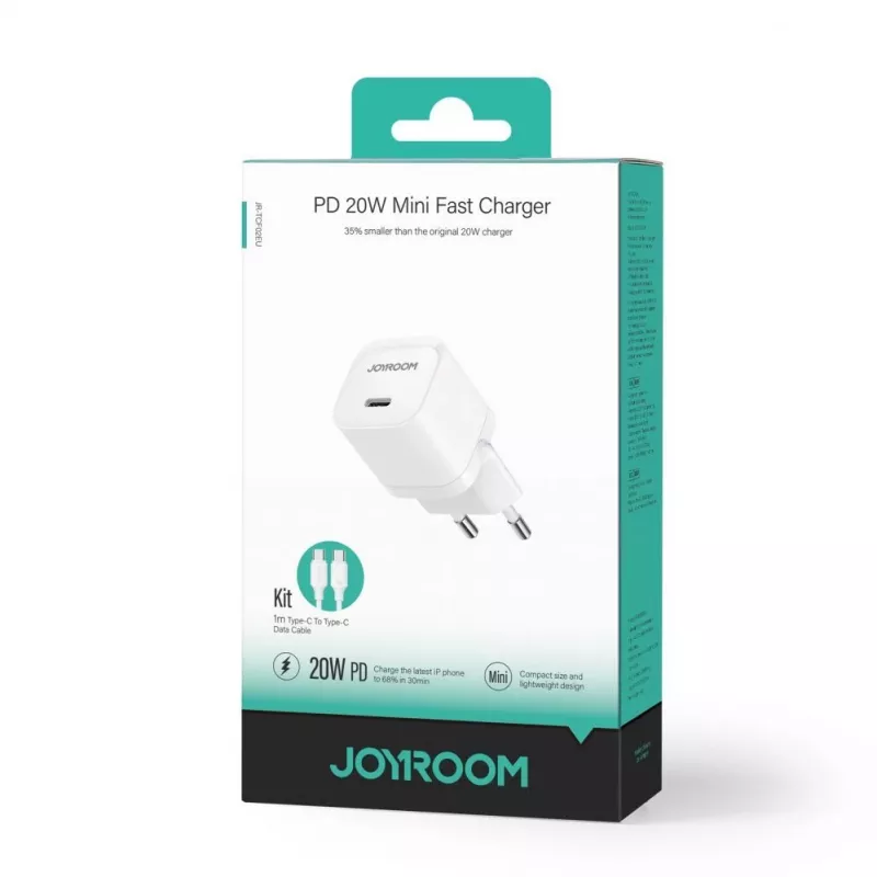 JOYROOM JR-TCF02 USB-C PD 20W sienas lādētājs ar USB-C kabeli - balts