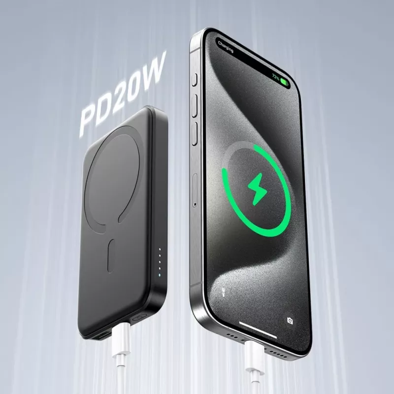 JOYROOM JR-W020 Mini Power Bank 5000mAh 20W USB-A USB-C Bezvadu Lādētājs - Melns + USB-C Kabelis