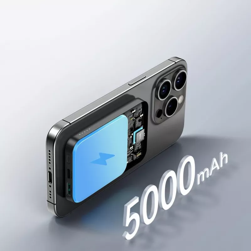 JOYROOM JR-W020 Mini Power Bank 5000mAh 20W USB-A USB-C Bezvadu Lādētājs - Melns + USB-C Kabelis
