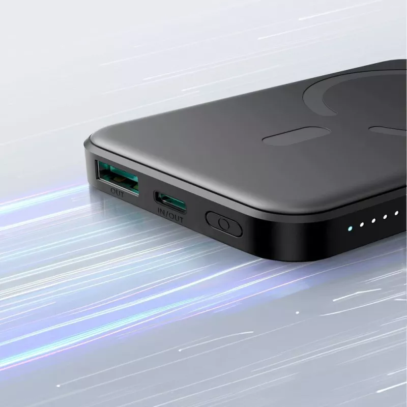 JOYROOM JR-W020 Mini Power Bank 5000mAh 20W USB-A USB-C Bezvadu Lādētājs - Melns + USB-C Kabelis