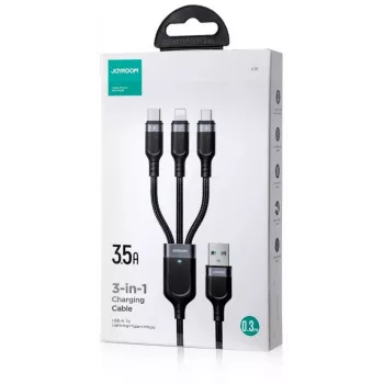 JOYROOM S-1T3018A18 3-in-1 daudzfunkciju uzlādes kabelis USB-A uz USB-C/Micro-USB/Lightning, 30cm pīts neilons, 3,5A, melns