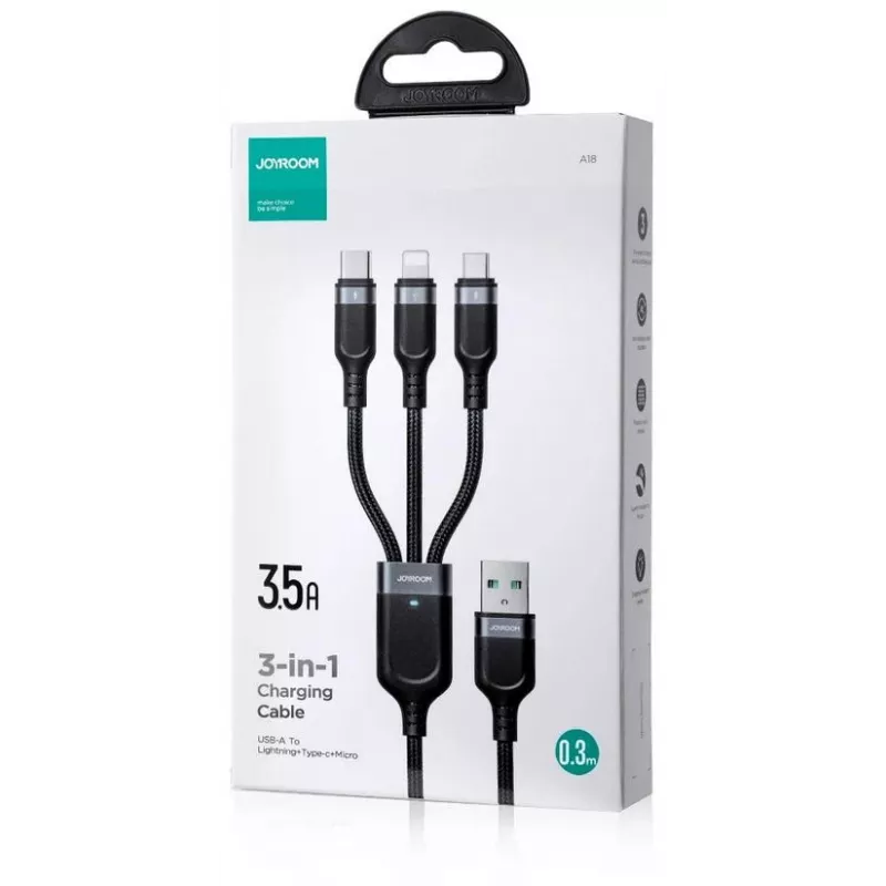 JOYROOM S-1T3018A18 3-in-1 daudzfunkciju uzlādes kabelis USB-A uz USB-C/Micro-USB/Lightning, 30cm pīts neilons, 3,5A, melns