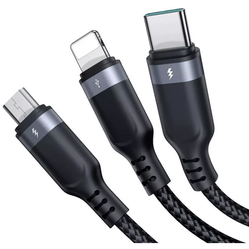 JOYROOM S-1T3018A18 3-in-1 daudzfunkciju uzlādes kabelis USB-A uz USB-C/Micro-USB/Lightning, 30cm pīts neilons, 3,5A, melns