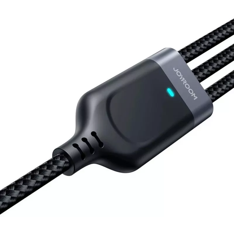 JOYROOM S-1T3018A18 3-in-1 daudzfunkciju uzlādes kabelis USB-A uz USB-C/Micro-USB/Lightning, 30cm pīts neilons, 3,5A, melns