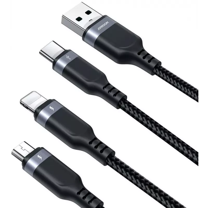 JOYROOM S-1T3018A18 3-in-1 daudzfunkciju uzlādes kabelis USB-A uz USB-C/Micro-USB/Lightning, 30cm pīts neilons, 3,5A, melns